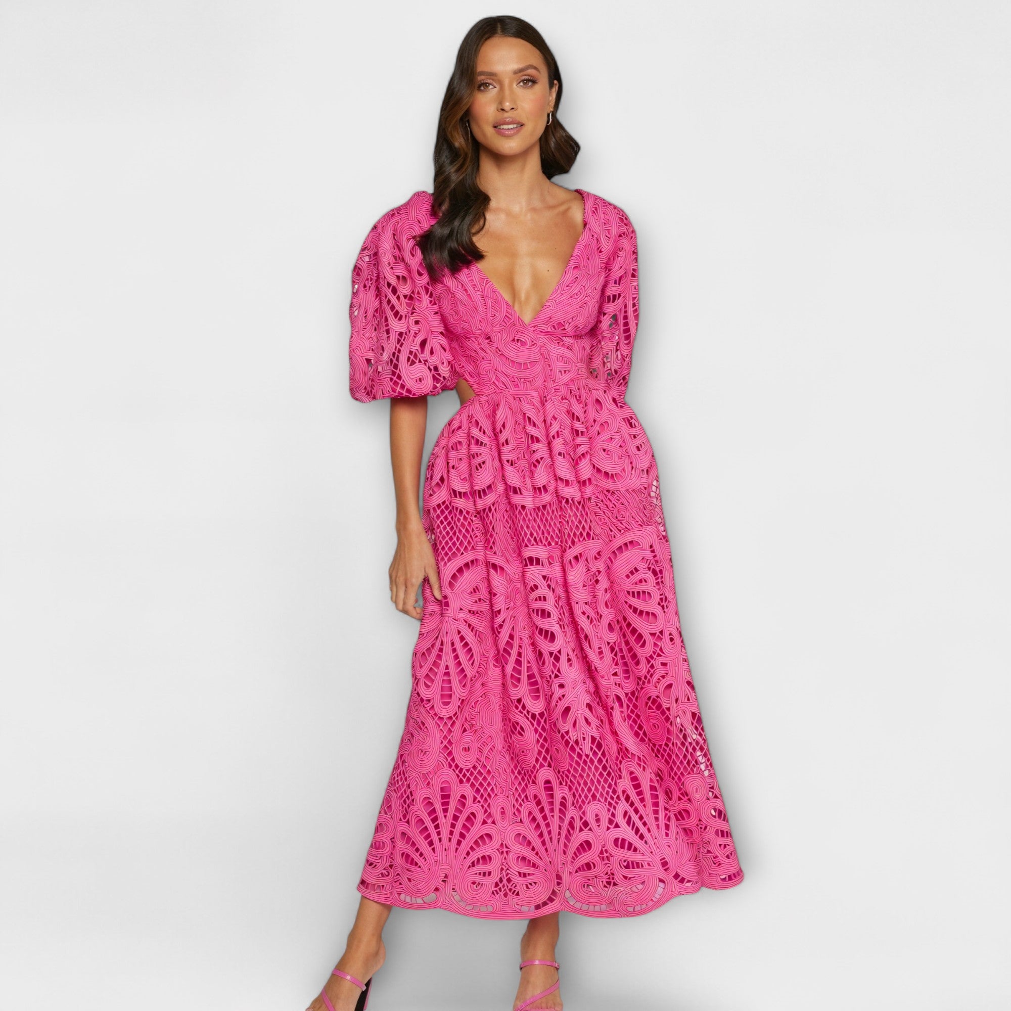 Women's Summer Dress with V-Neck, Puff Sleeves, and Waist Cut-Outs