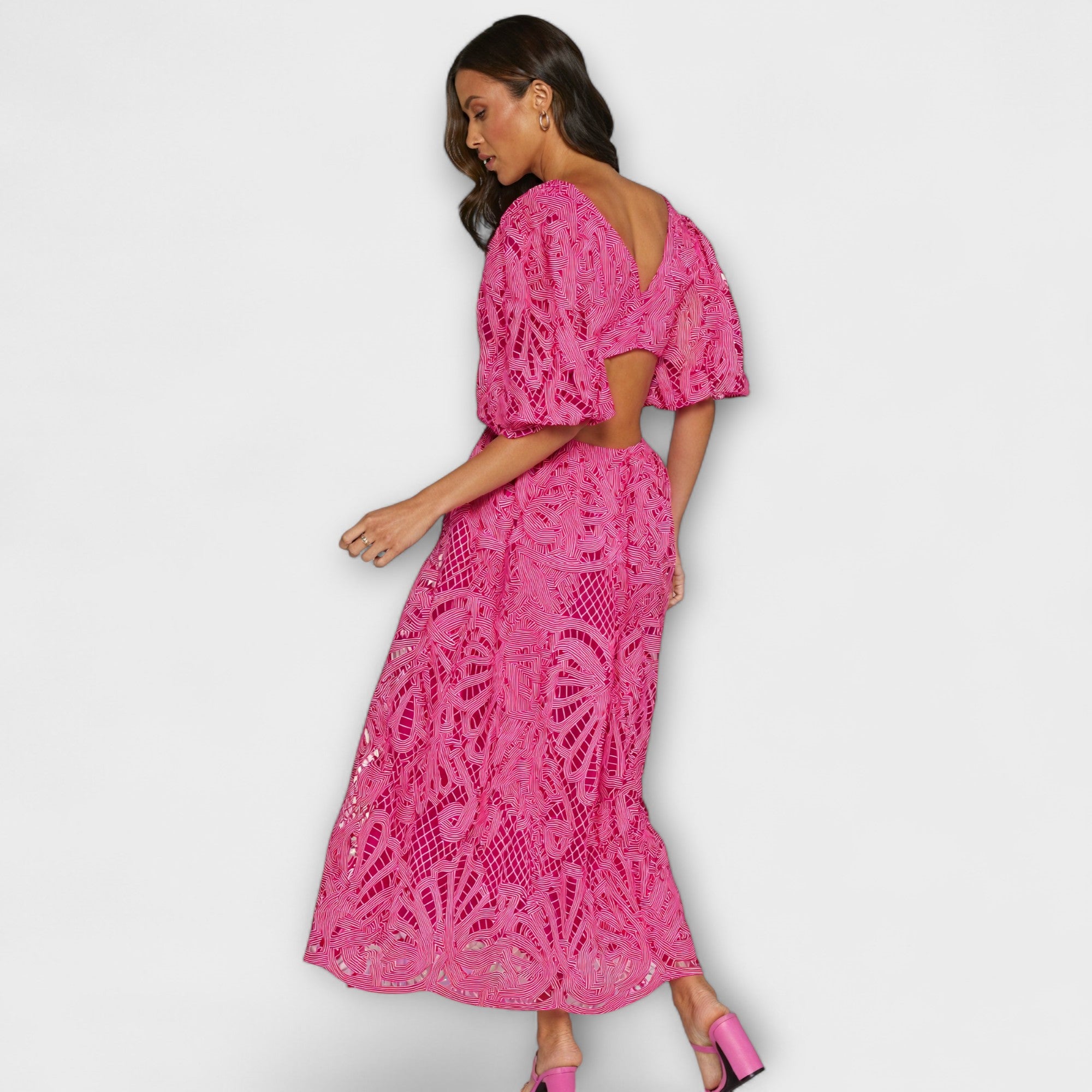 Women's Summer Dress with V-Neck, Puff Sleeves, and Waist Cut-Outs