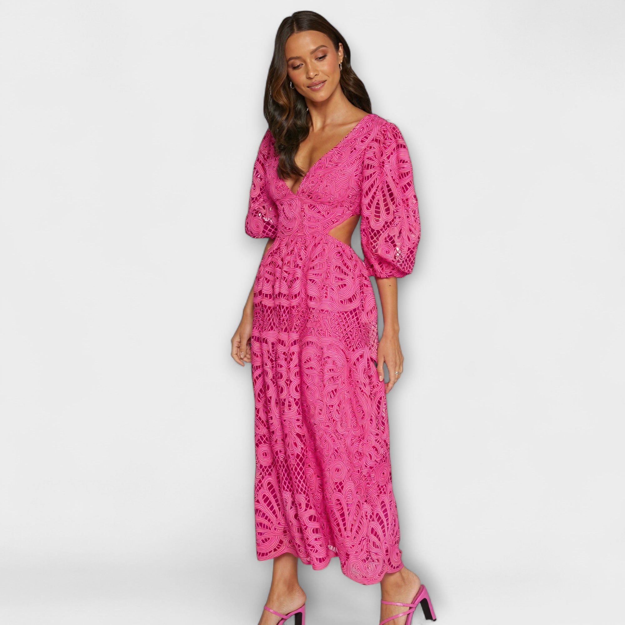 Women's Summer Dress with V-Neck, Puff Sleeves, and Waist Cut-Outs