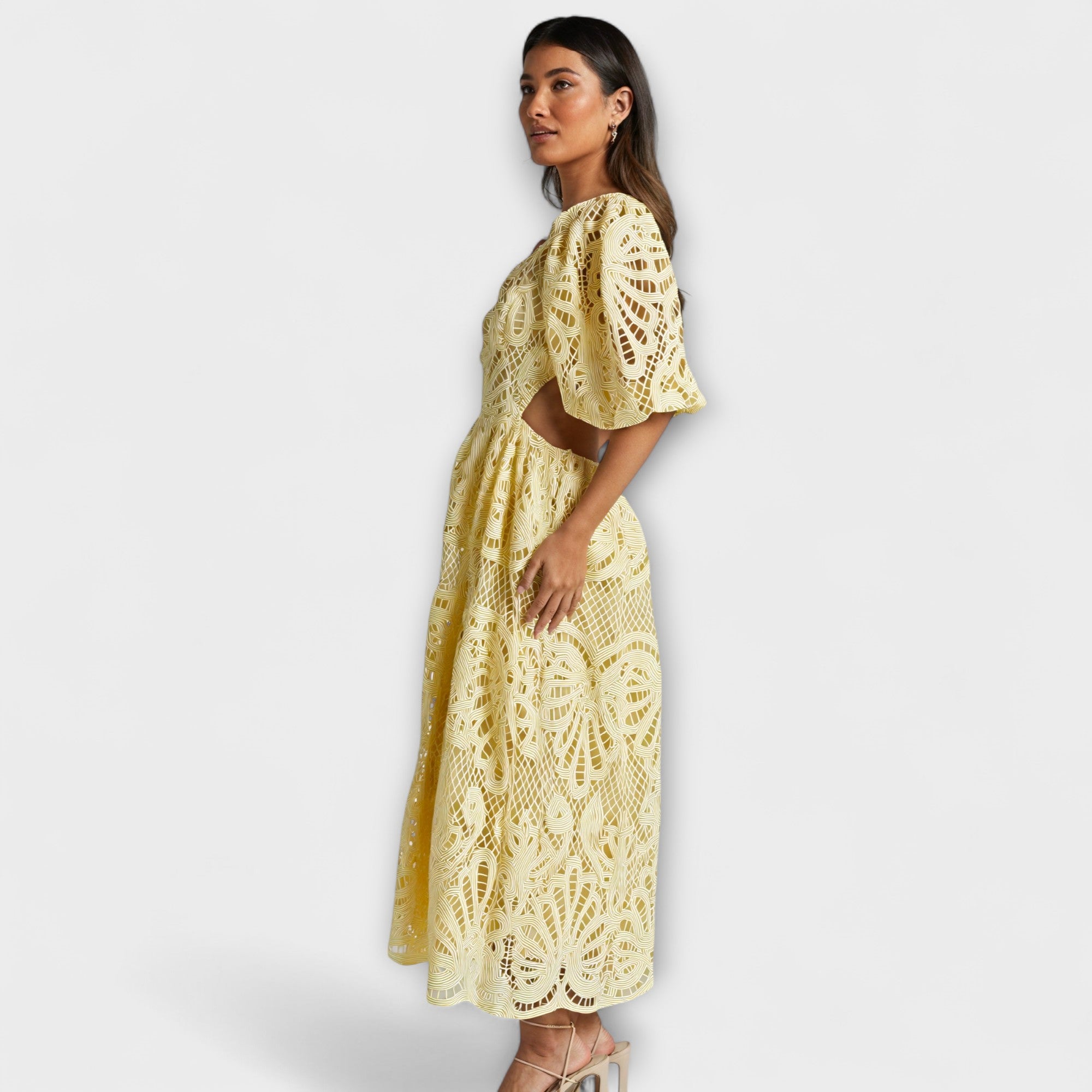 Women's Summer Dress with V-Neck, Puff Sleeves, and Waist Cut-Outs
