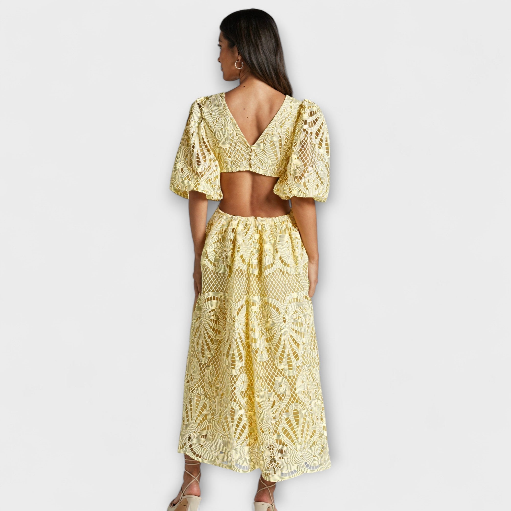 Women's Summer Dress with V-Neck, Puff Sleeves, and Waist Cut-Outs