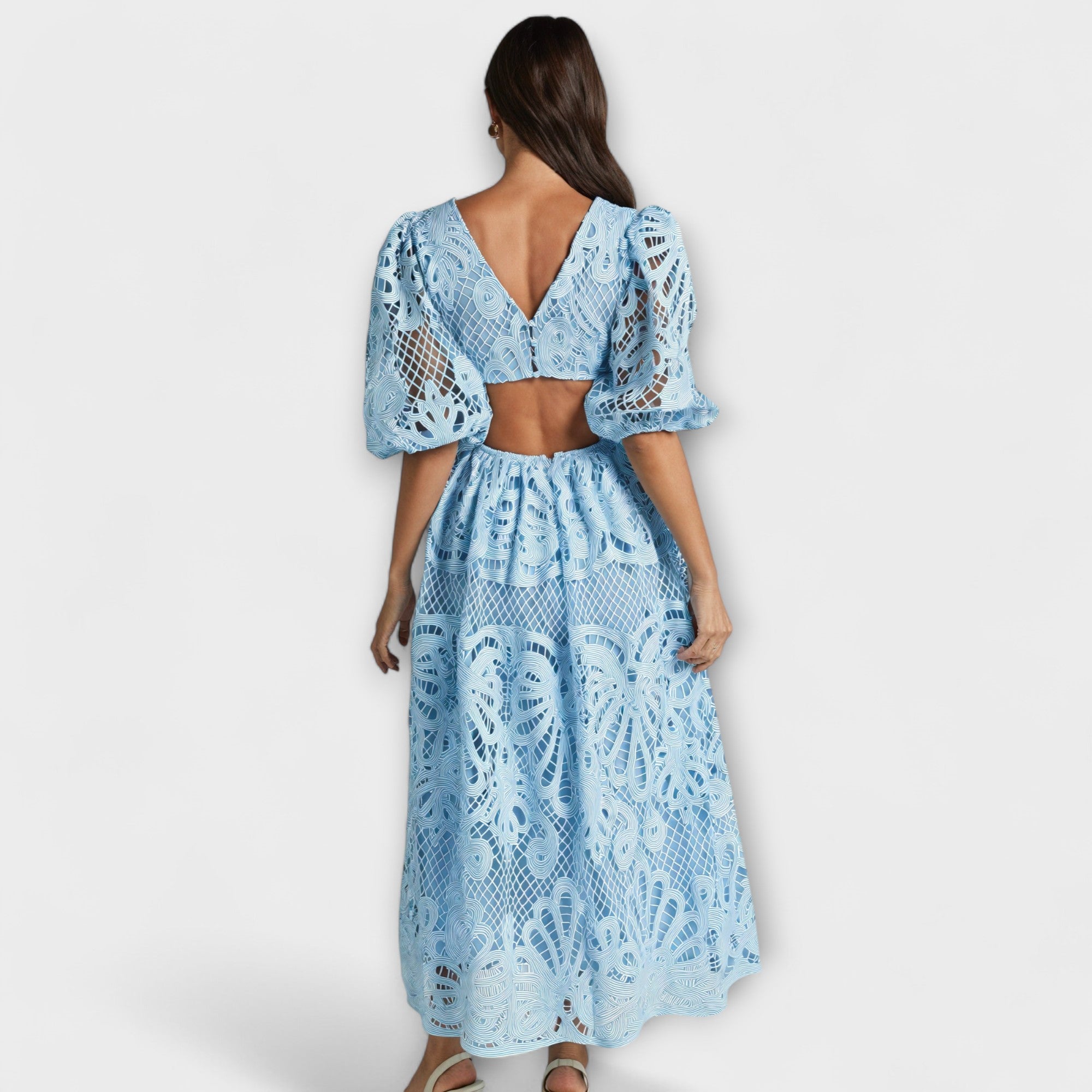 Women's Summer Dress with V-Neck, Puff Sleeves, and Waist Cut-Outs