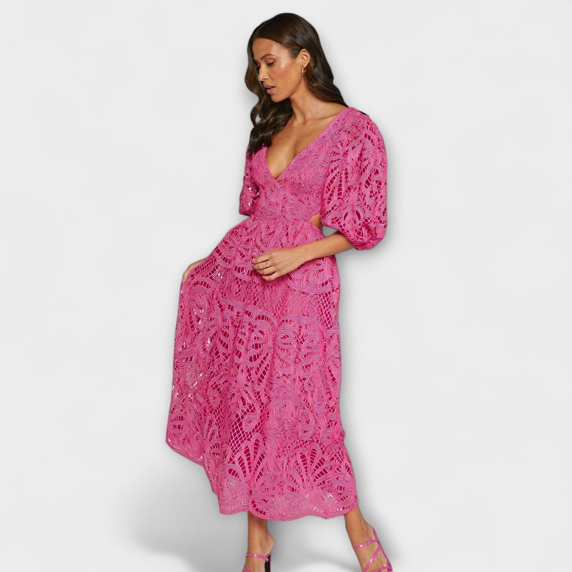 Women's Summer Dress with V-Neck, Puff Sleeves, and Waist Cut-Outs
