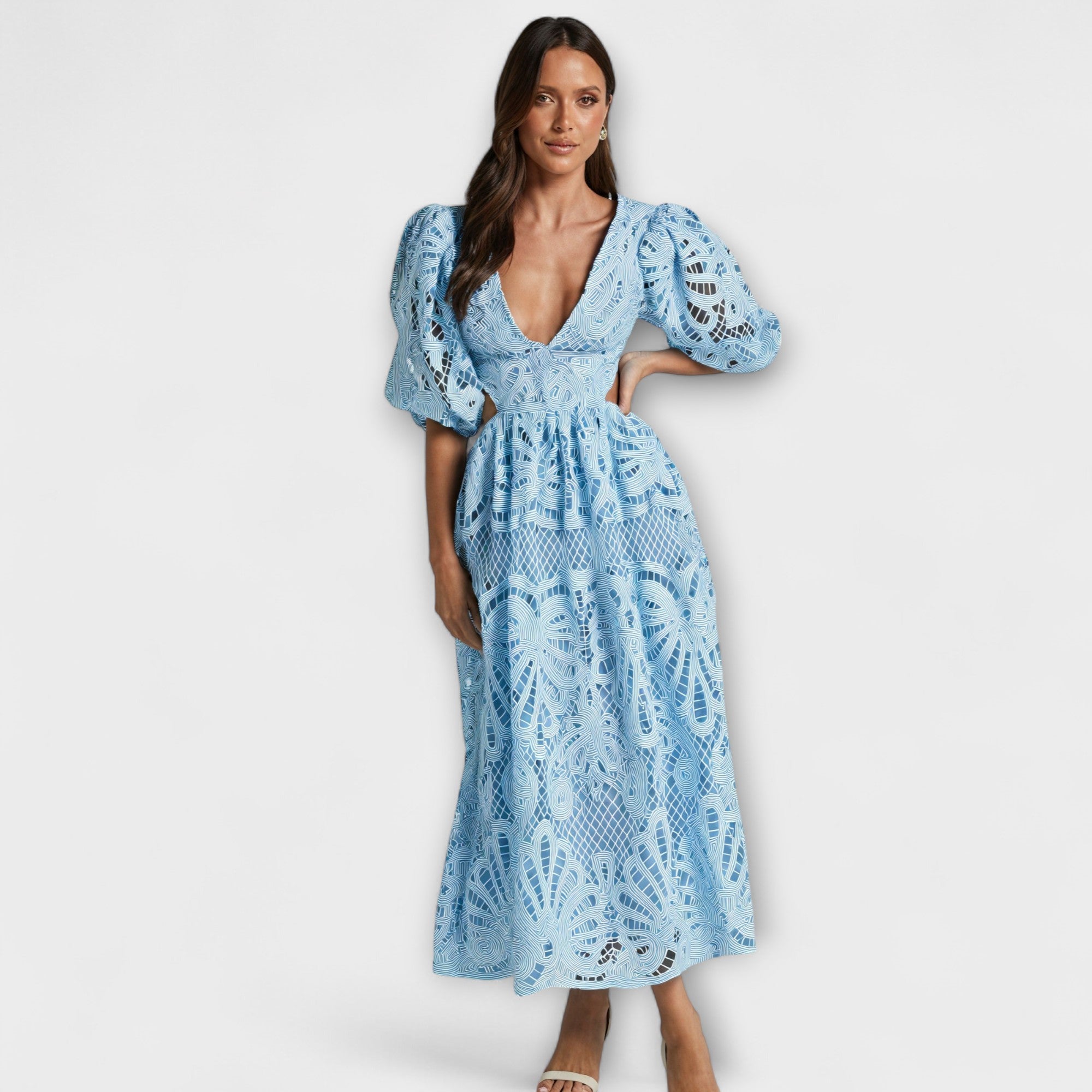 Women's Summer Dress with V-Neck, Puff Sleeves, and Waist Cut-Outs