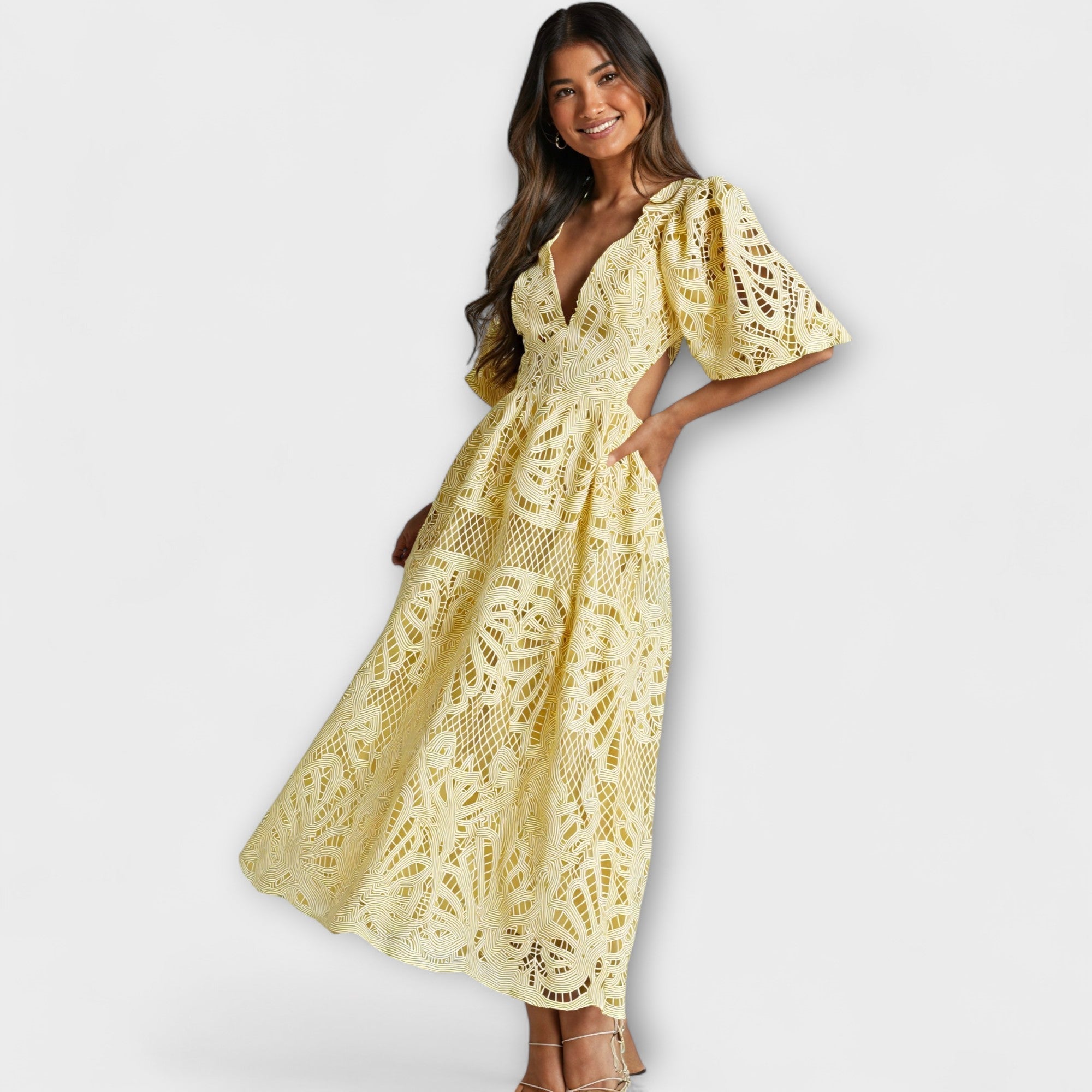 Women's Summer Dress with V-Neck, Puff Sleeves, and Waist Cut-Outs