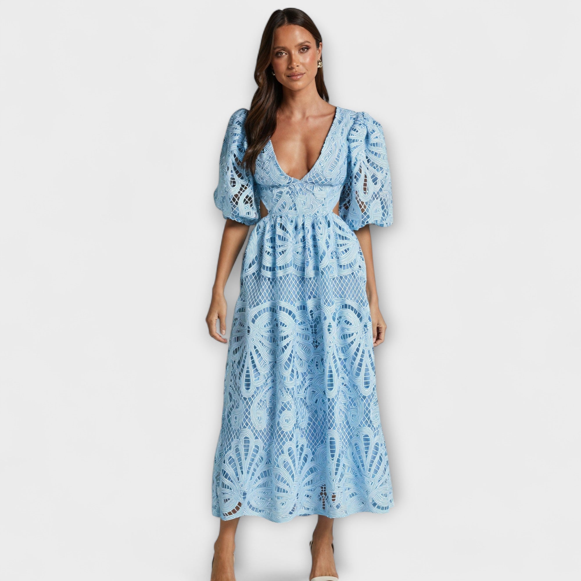 Women's Summer Dress with V-Neck, Puff Sleeves, and Waist Cut-Outs