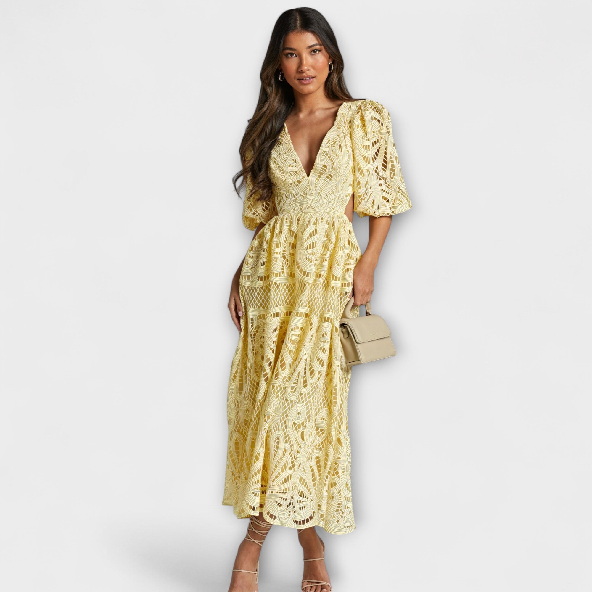 Women's Summer Dress with V-Neck, Puff Sleeves, and Waist Cut-Outs