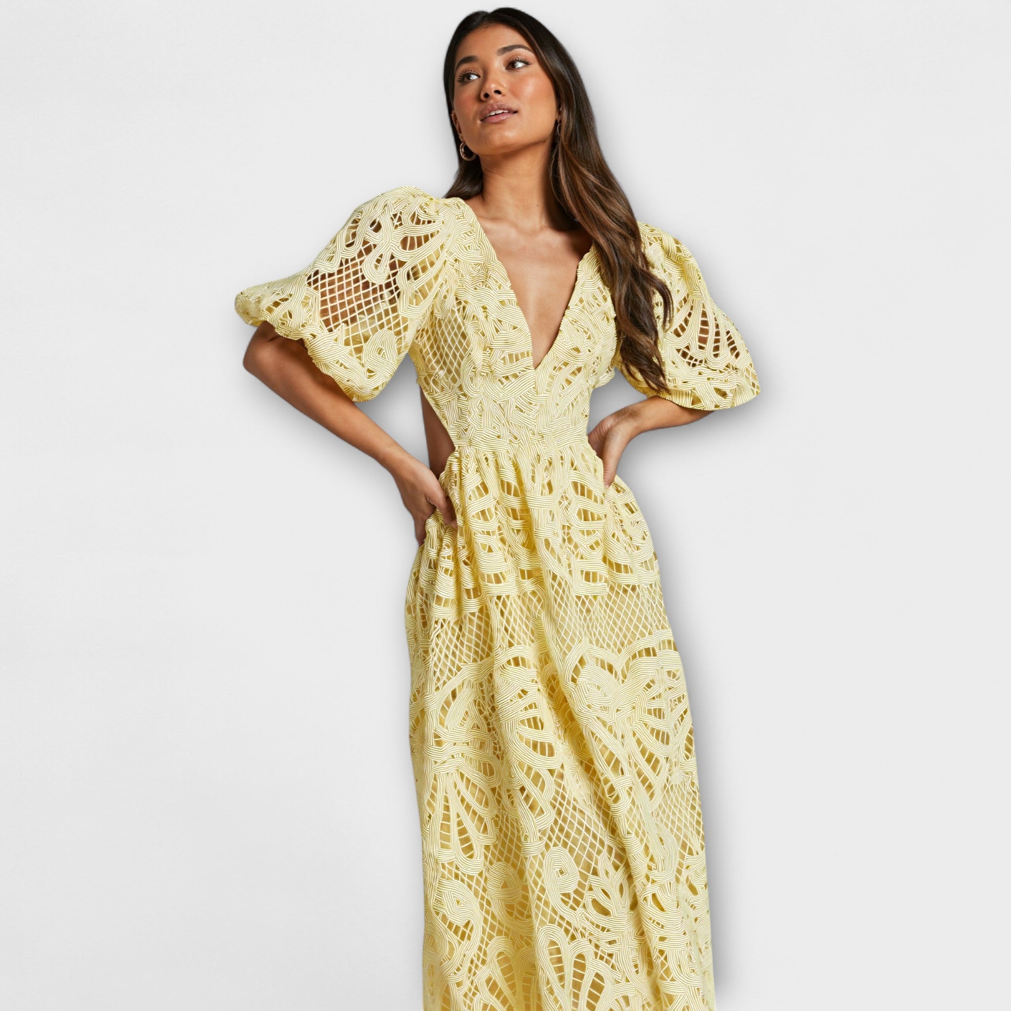 Women's Summer Dress with V-Neck, Puff Sleeves, and Waist Cut-Outs