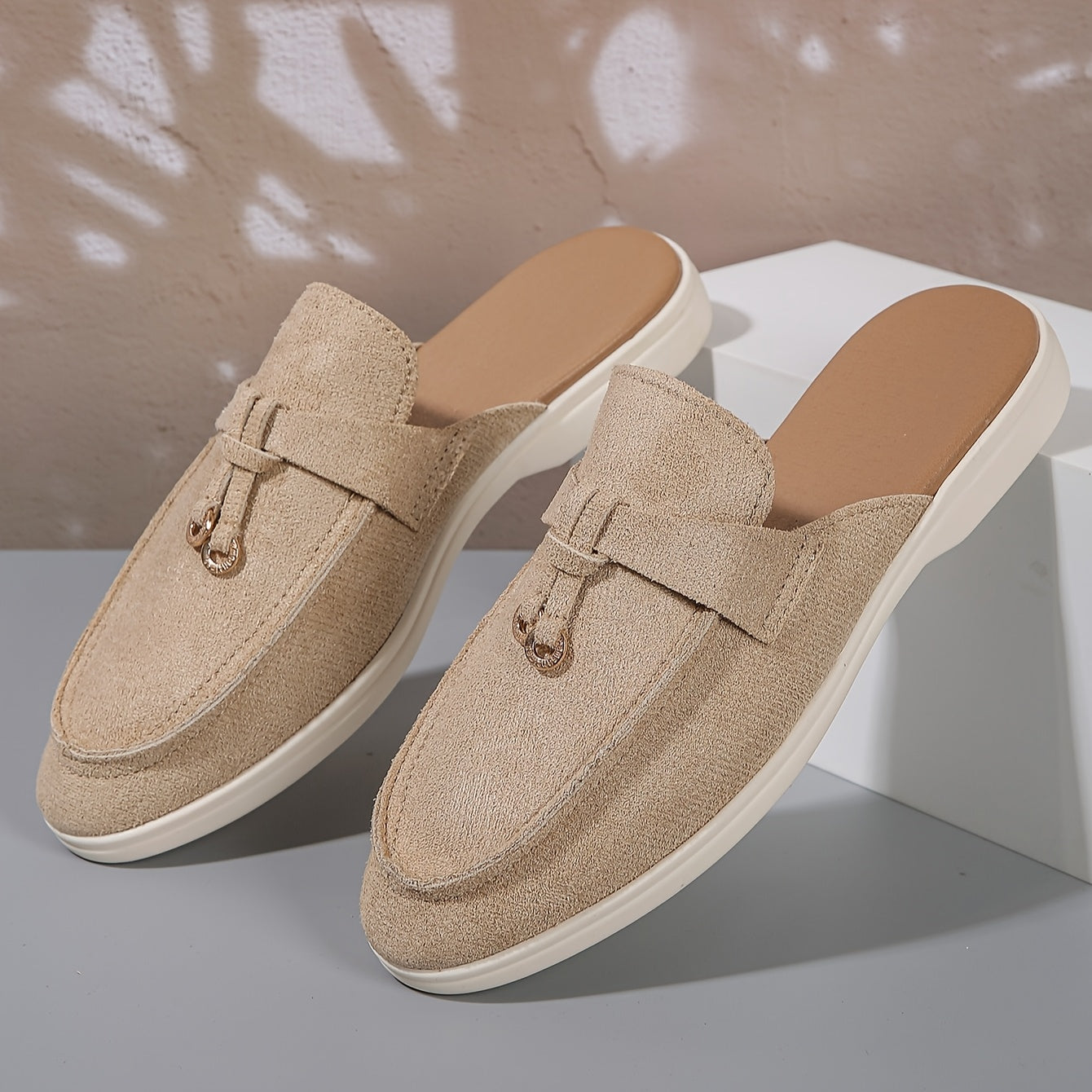 Women Backless Slip-On Loafer with Gold Hardware and Cushioned Insole