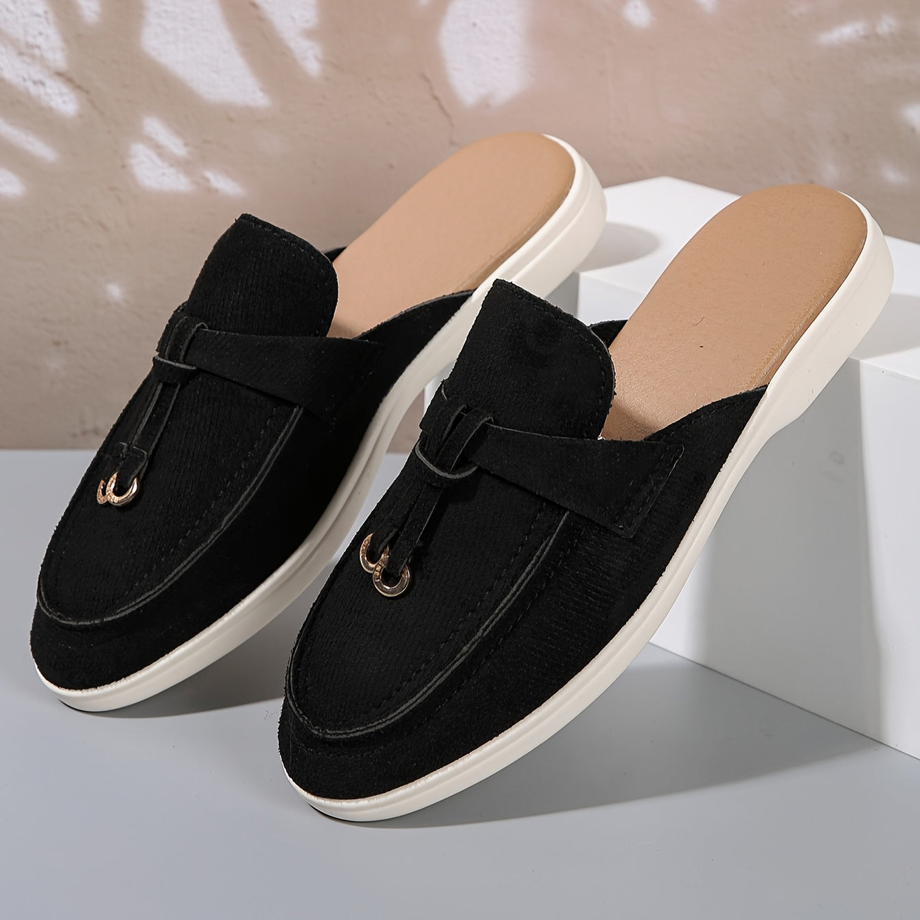 Women Backless Slip-On Loafer with Gold Hardware and Cushioned Insole