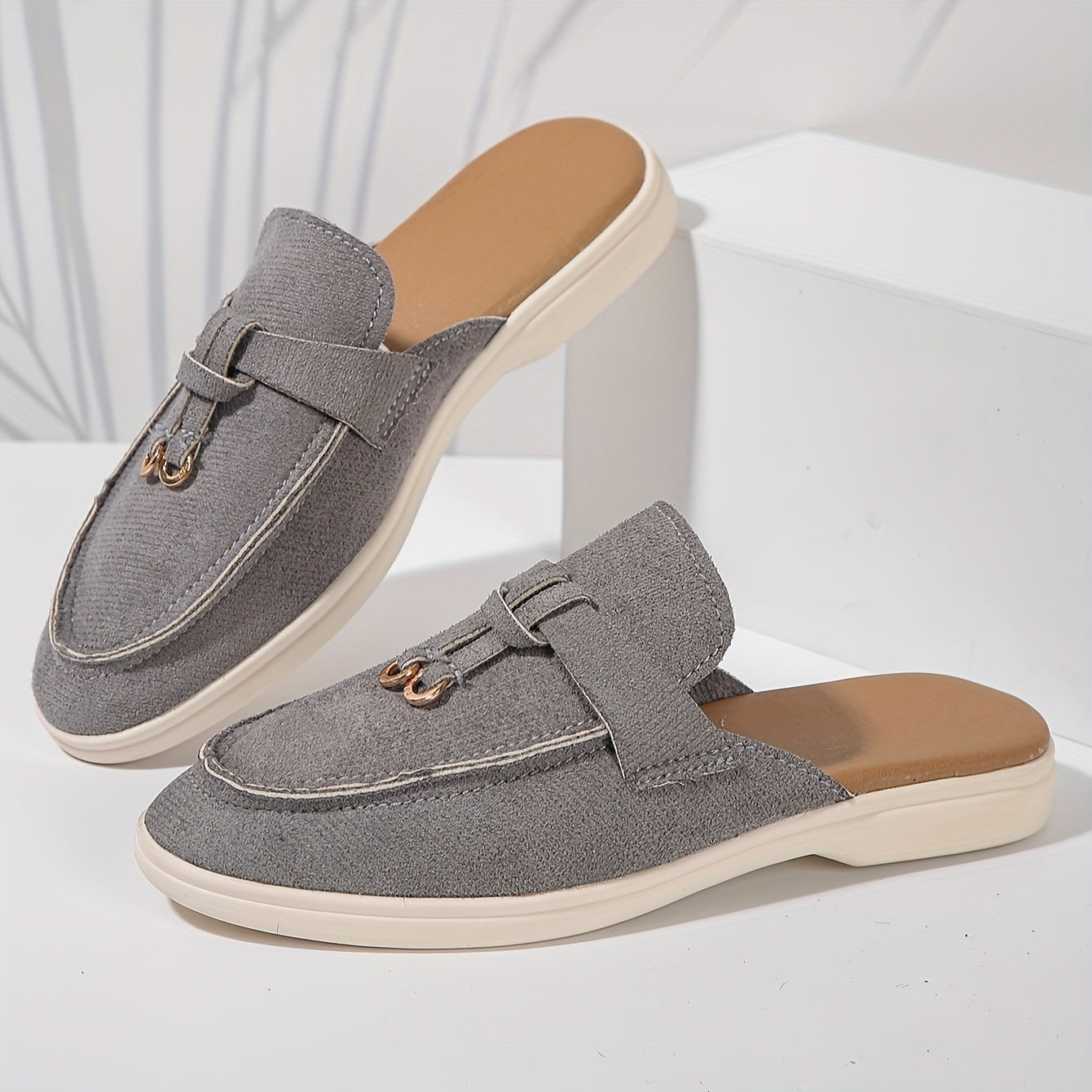 Women Backless Slip-On Loafer with Gold Hardware and Cushioned Insole