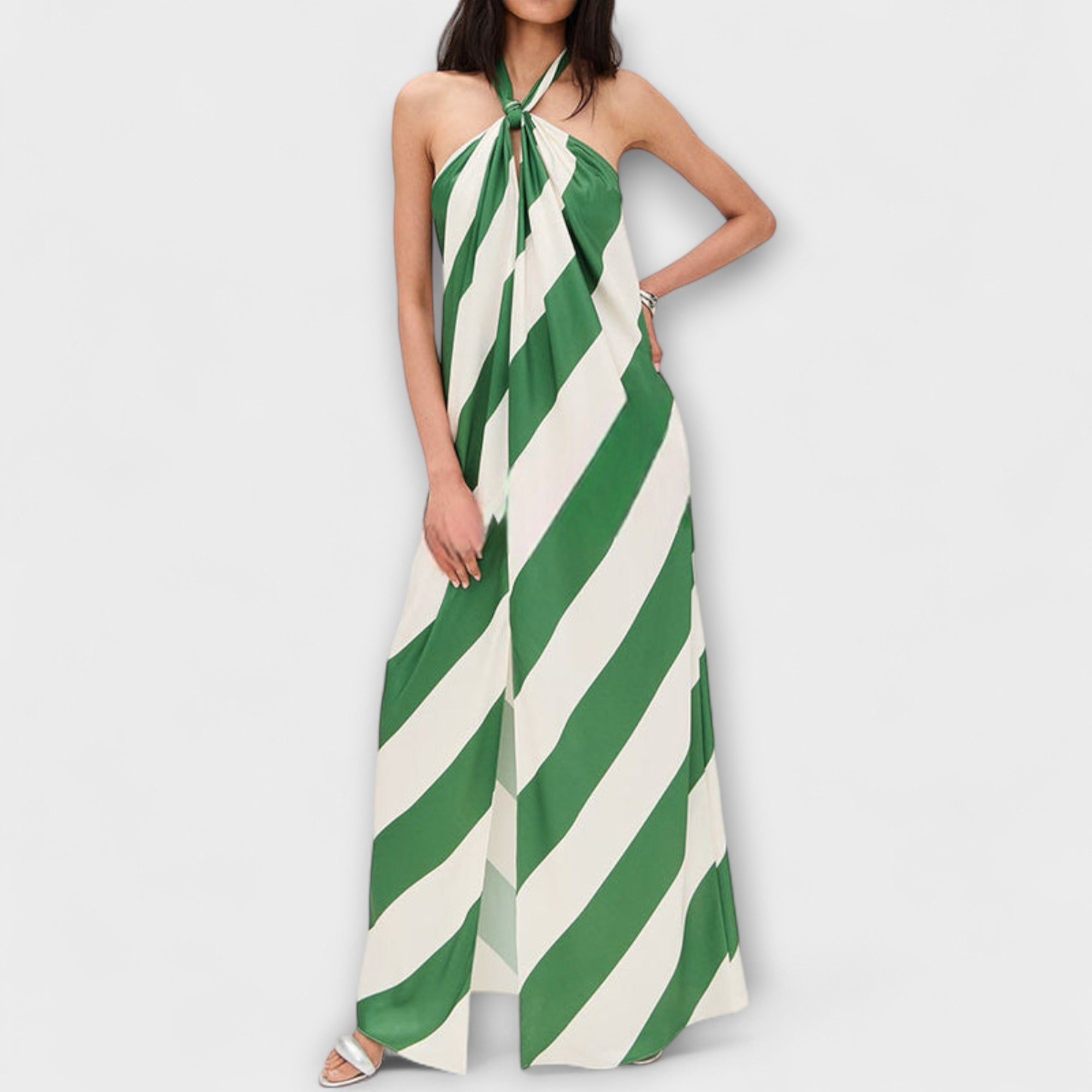 Women's Summer Halter Backless Maxi Dress with Striped Pattern and Ankle-Length