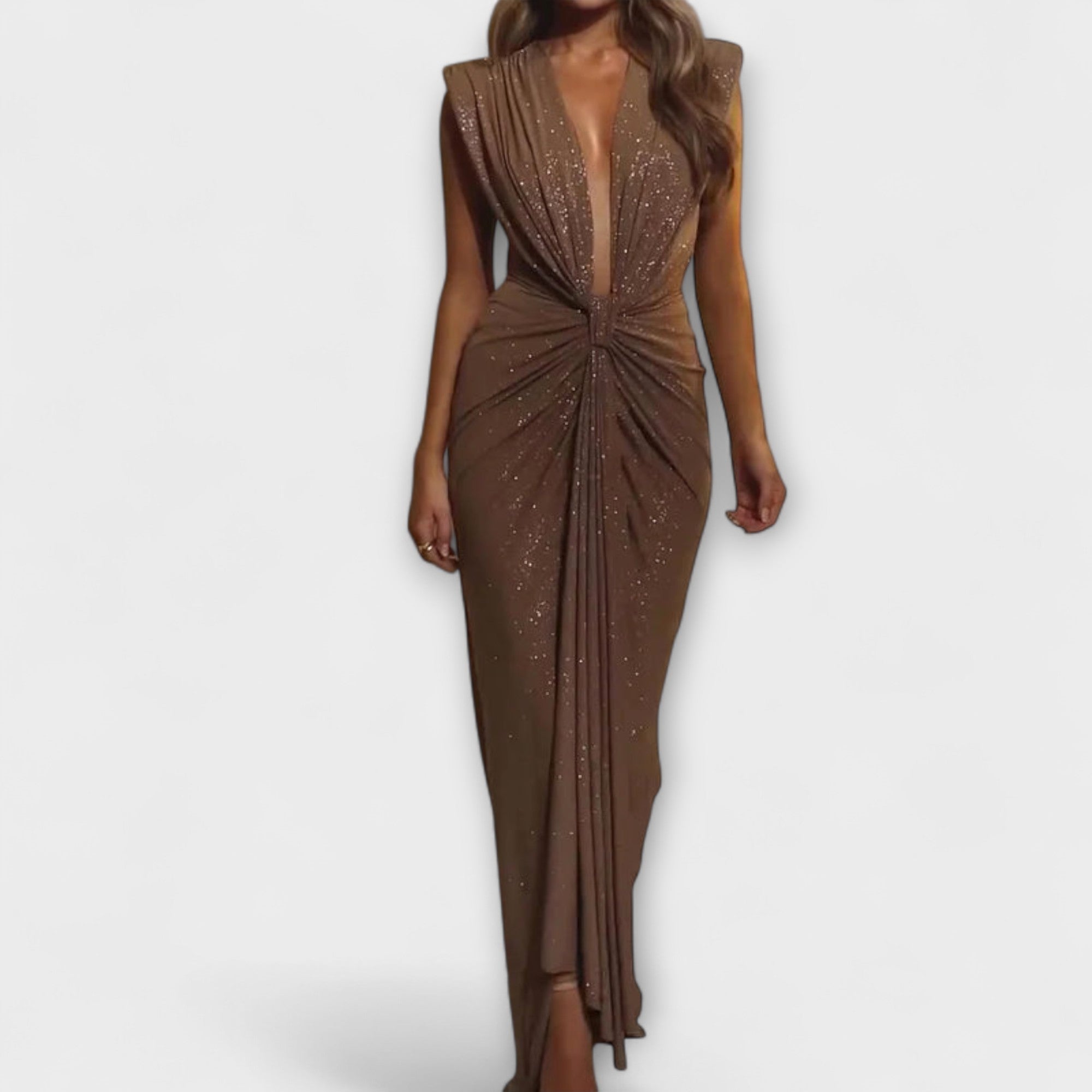 Women Summer Maxi Dress with Deep V-Neckline and Elastic Waist
