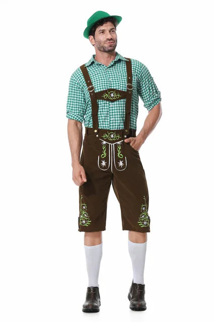 Worker's Day Men's Festival Set: Stylish Green Vest, Matching Pants, Traditional Hat, and Suspenders for a Perfect Look