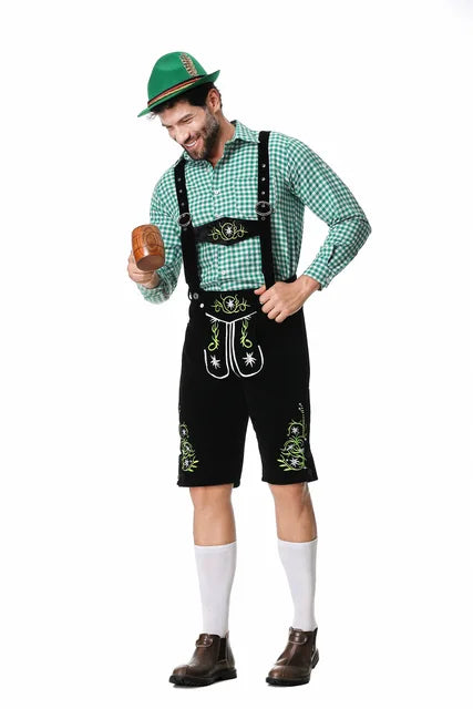 Worker's Day Men's Festival Set: Stylish Green Vest, Matching Pants, Traditional Hat, and Suspenders for a Perfect Look