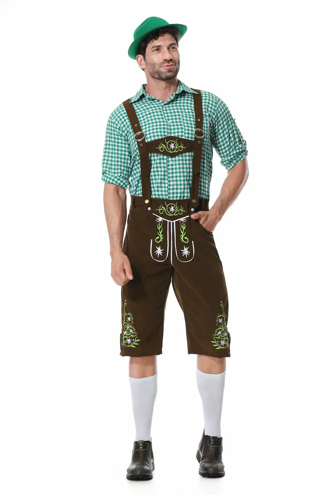 Worker's Day Men's Festival Set: Stylish Green Vest, Matching Pants, Traditional Hat, and Suspenders for a Perfect Look