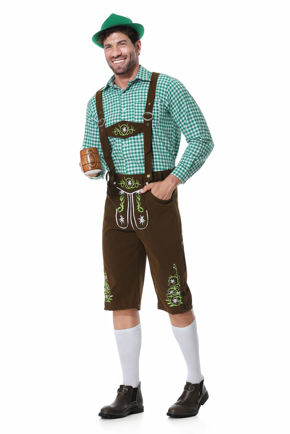 Worker's Day Men's Festival Set: Stylish Green Vest, Matching Pants, Traditional Hat, and Suspenders for a Perfect Look
