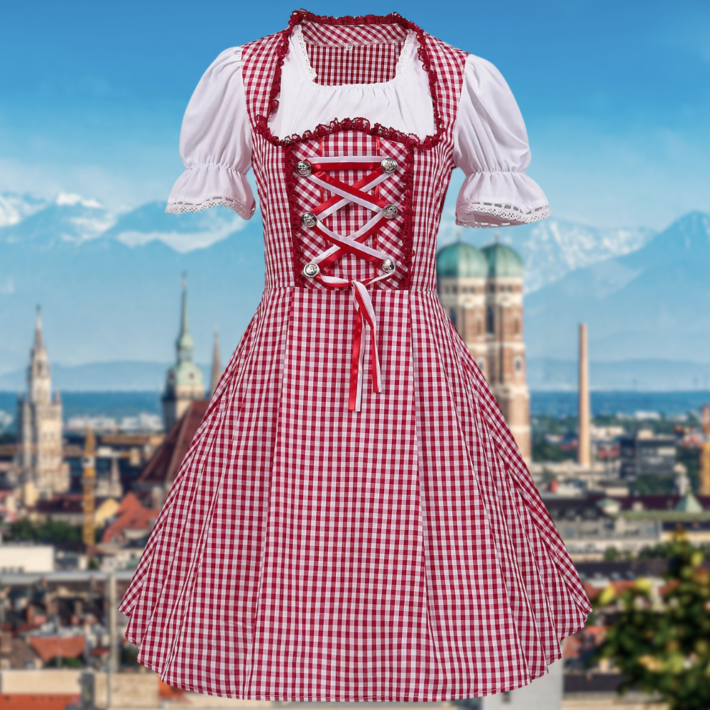 Elegant Women's Dirndl with fashionable checkered pattern and attractive ruffle bow for memorable celebration days