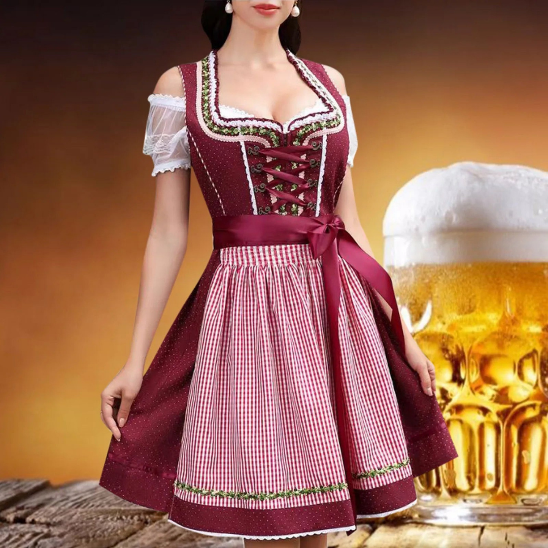 Elegant Women's Oktoberfest Dirndl with Charming Apron, Elegant Lacing on the Top, and Decorative Accents