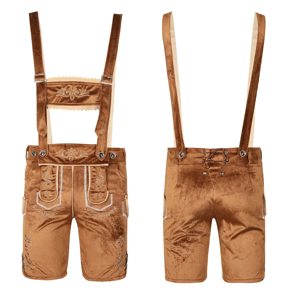 Authentic Bavarian Leather Shorts Set for Men with Elegant Embroidery, Stylish Checked Shirt, and Traditional Hat – Perfect Bavarian Look