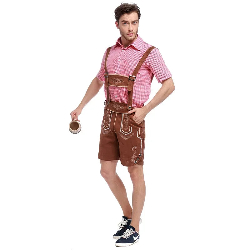 Authentic Bavarian Leather Shorts Set for Men with Elegant Embroidery, Stylish Checked Shirt, and Traditional Hat – Perfect Bavarian Look