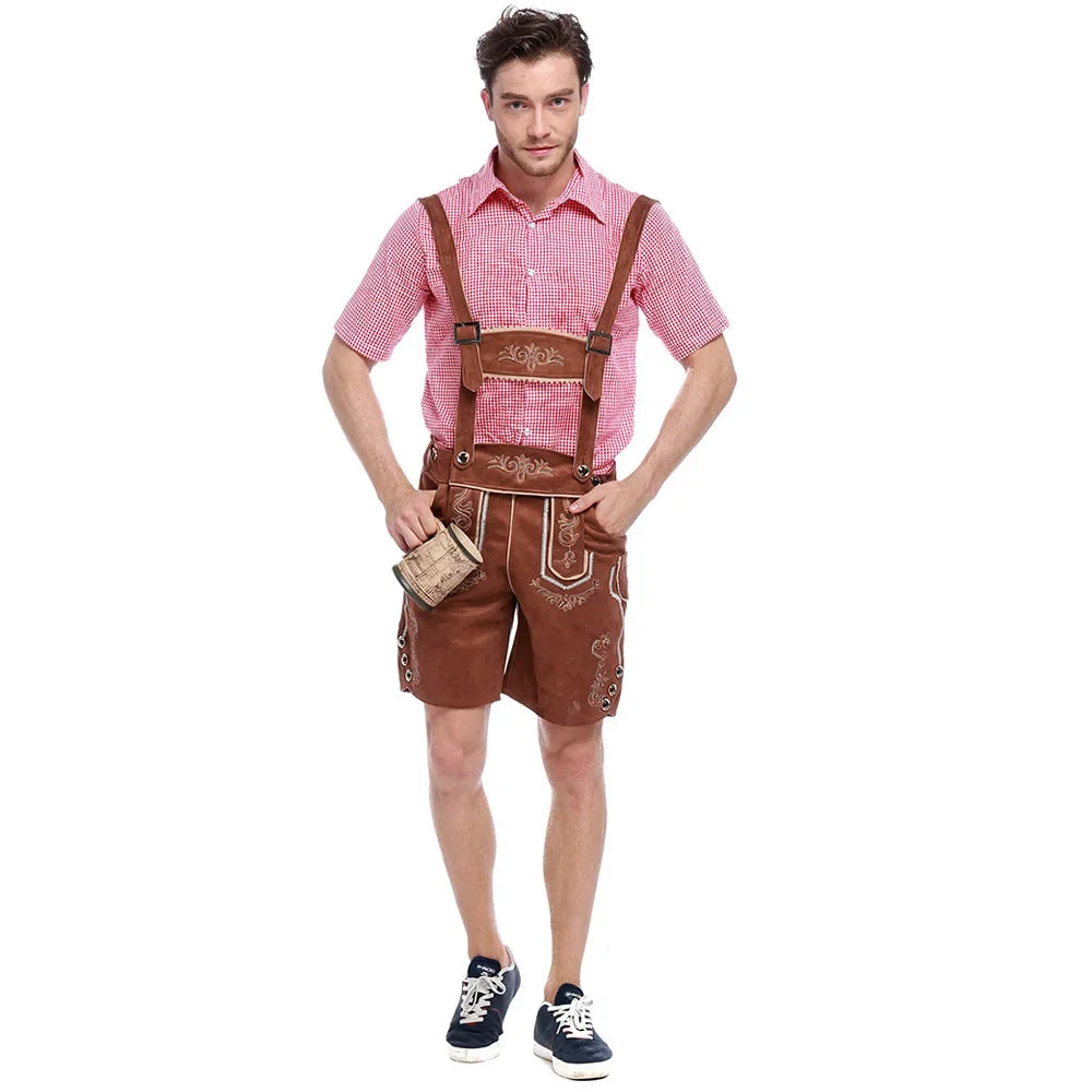 Authentic Bavarian Leather Shorts Set for Men with Elegant Embroidery, Stylish Checked Shirt, and Traditional Hat – Perfect Bavarian Look