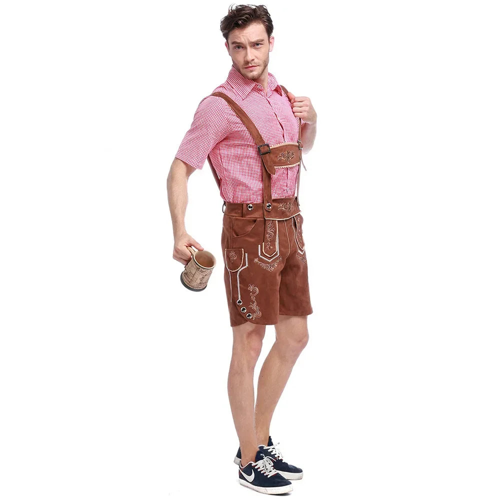 Authentic Bavarian Leather Shorts Set for Men with Elegant Embroidery, Stylish Checked Shirt, and Traditional Hat – Perfect Bavarian Look