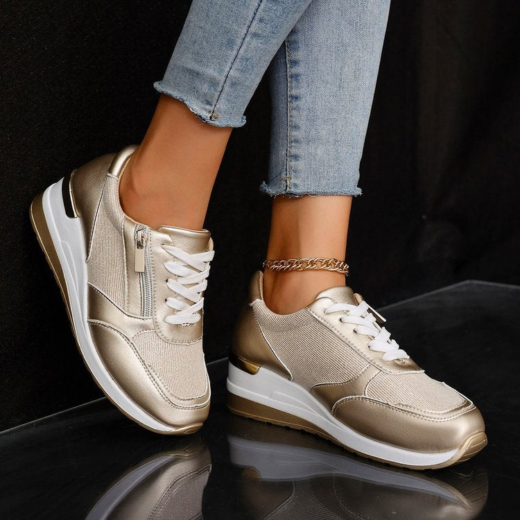 Women Platform Sneakers with Zipper Closure and Gloss Finish