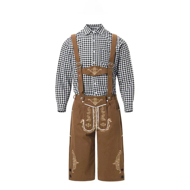 Men's stylish faux leather pants with detailed stitching and plaid shirt, suitable for special occasions