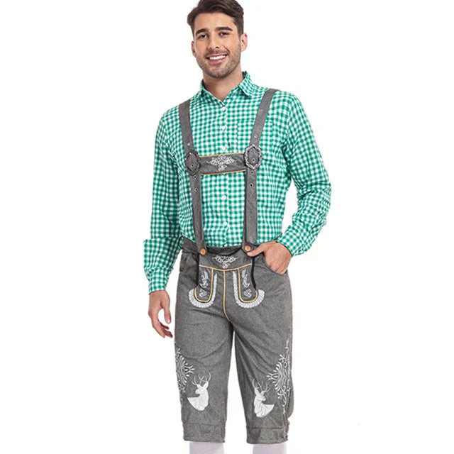 Men's stylish faux leather pants with detailed stitching and plaid shirt, suitable for special occasions
