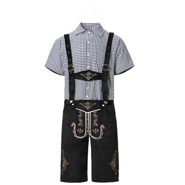 Men's stylish faux leather pants with detailed stitching and plaid shirt, suitable for special occasions