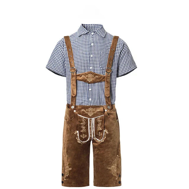 Men's stylish faux leather pants with detailed stitching and plaid shirt, suitable for special occasions