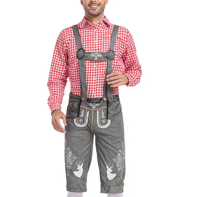 Men's stylish faux leather pants with detailed stitching and plaid shirt, suitable for special occasions