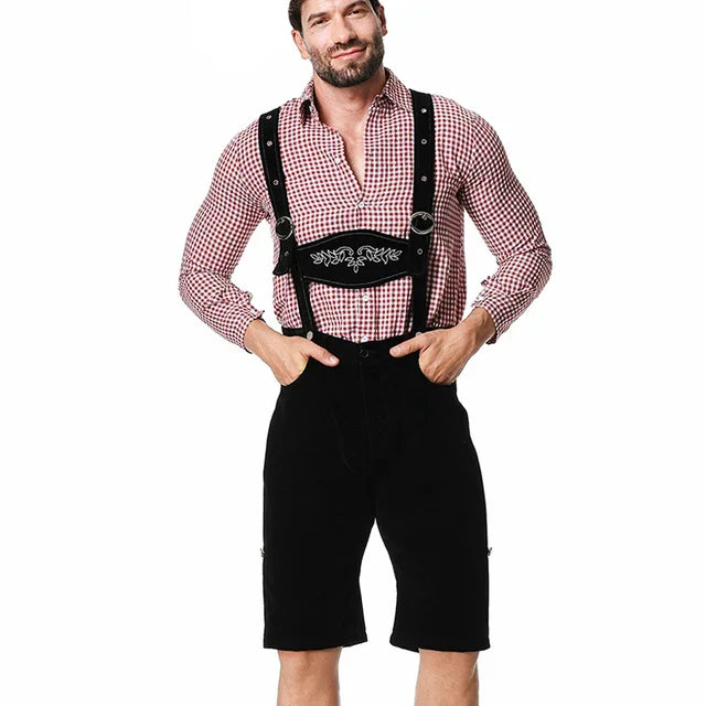 Men's stylish faux leather pants with detailed stitching and plaid shirt, suitable for special occasions