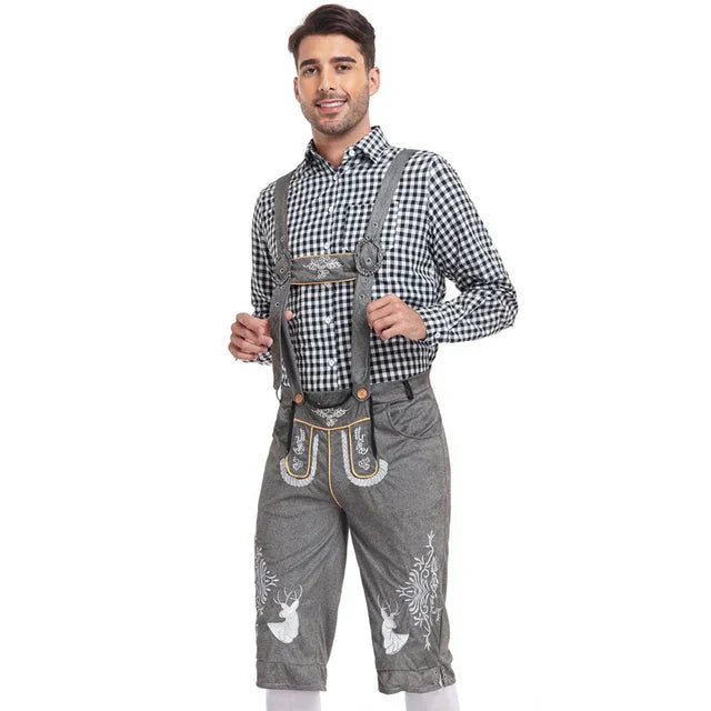 Men's stylish faux leather pants with detailed stitching and plaid shirt, suitable for special occasions