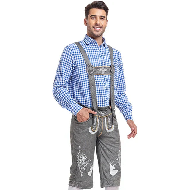 Men's stylish faux leather pants with detailed stitching and plaid shirt, suitable for special occasions
