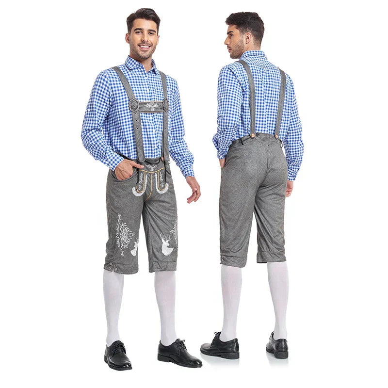 Men's stylish faux leather pants with detailed stitching and plaid shirt, suitable for special occasions