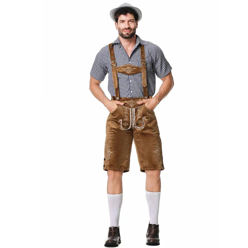 Men's stylish faux leather pants with detailed stitching and plaid shirt, suitable for special occasions