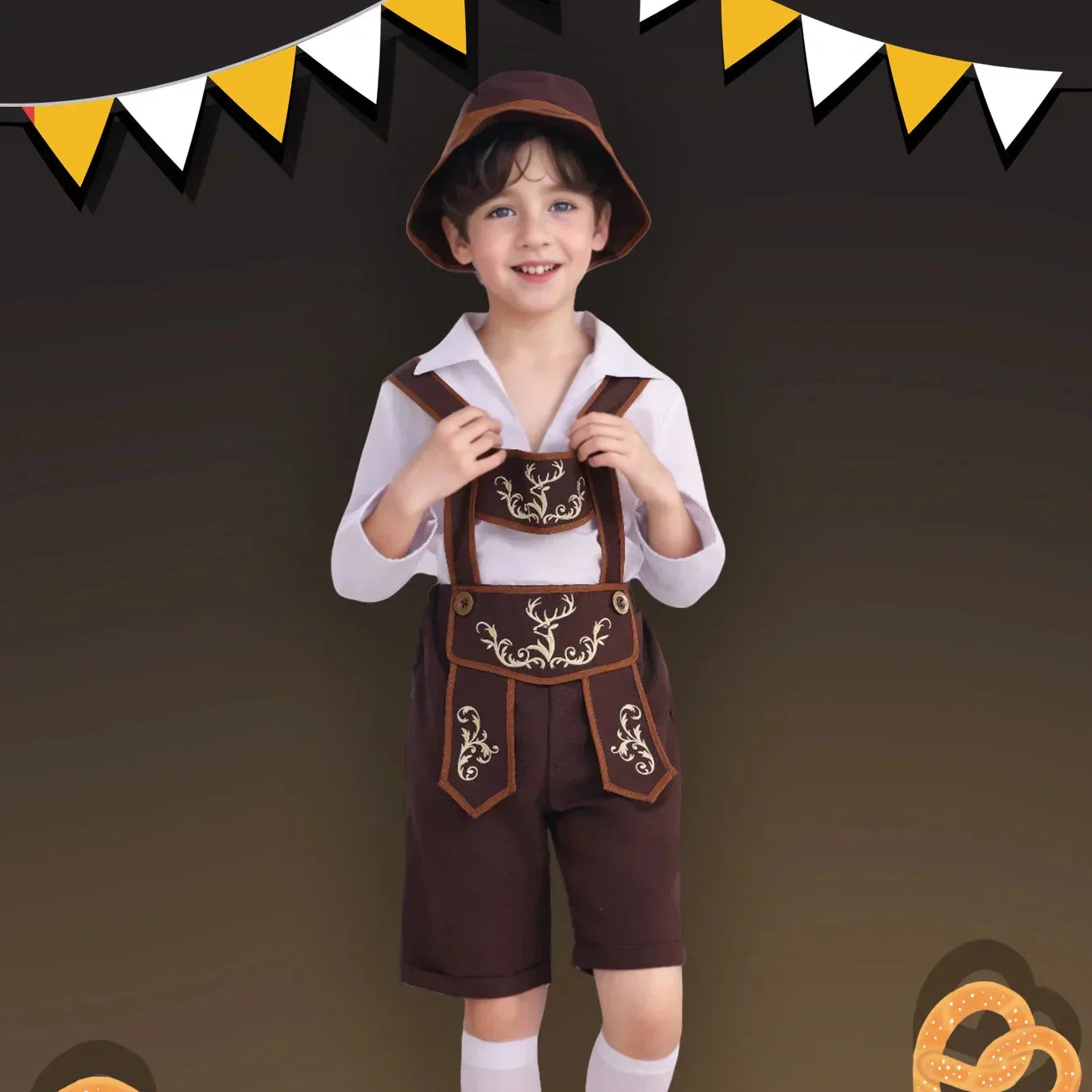 Authentic Bavarian Costume Set for Boys with Lederhosen, Hat, Shirt, and Knee Pads – Perfect for an Unforgettable Oktoberfest Experience