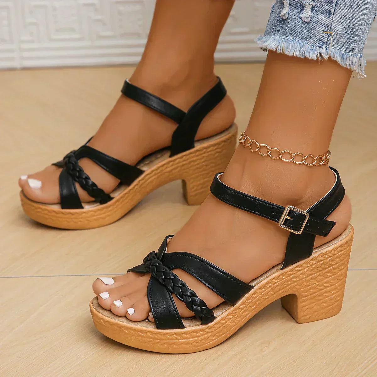 Women's Summer Woven Heel Sandals with Adjustable Straps