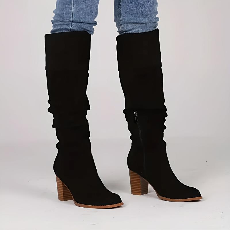Women's Knee-High Boots with Block Heel Suede Side Zipper