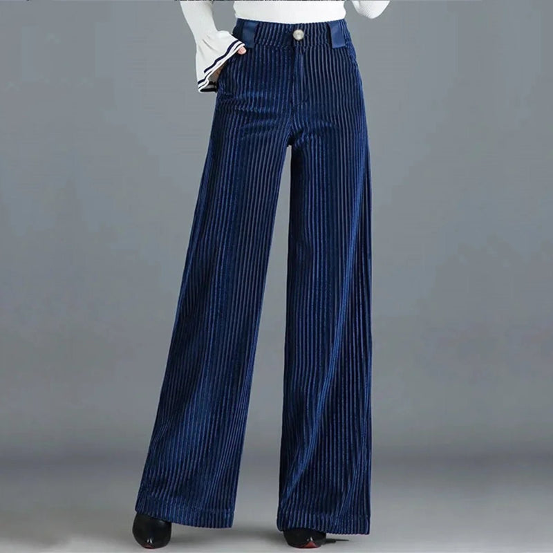 Women's High-Waisted Wide-Leg Corduroy Trousers with Velvet Texture