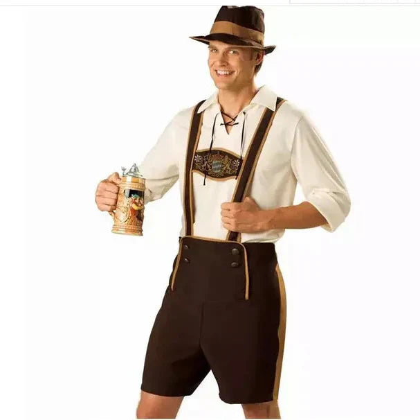 Traditional men's Oktoberfest suit with shirt, suspenders, and Bavarian hat — the perfect outfit for your celebration