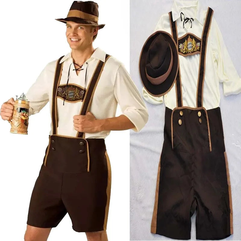Traditional men's Oktoberfest suit with shirt, suspenders, and Bavarian hat — the perfect outfit for your celebration