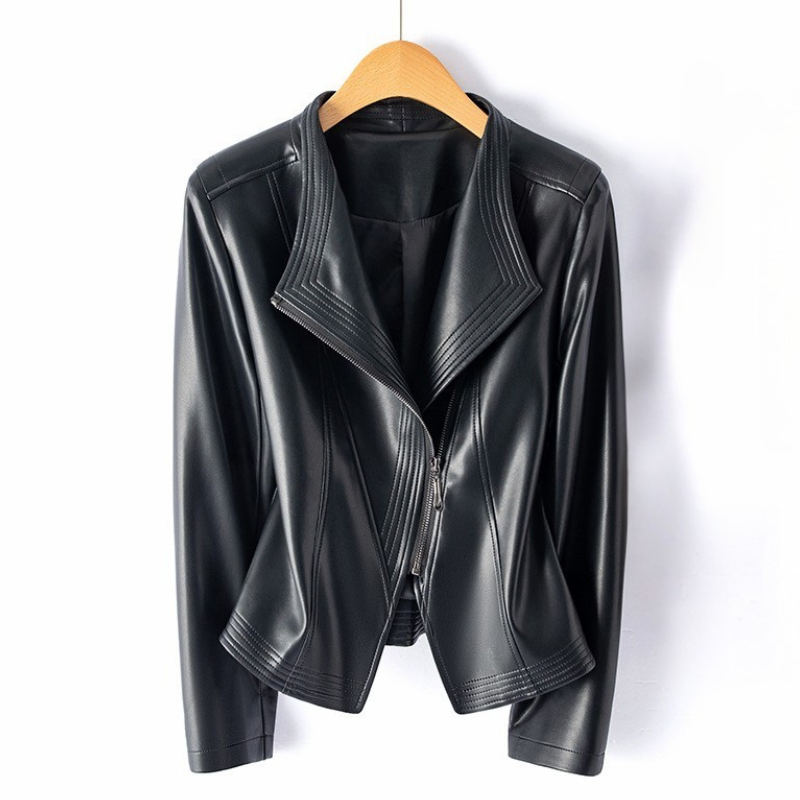 Women's Leather Zip-Front Jacket with Ribbed Lapel and Hand-Stitched Hem
