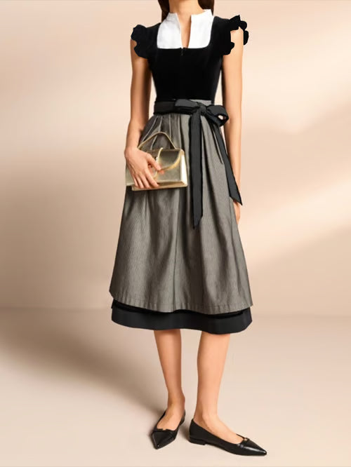 Chic Women's Knee-Length Dress with Stylish Bow and Elegant Lace Details