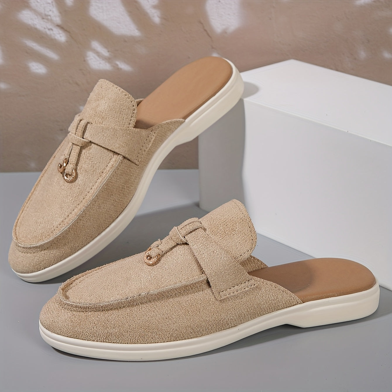 Women Backless Slip-On Loafer with Gold Hardware and Cushioned Insole