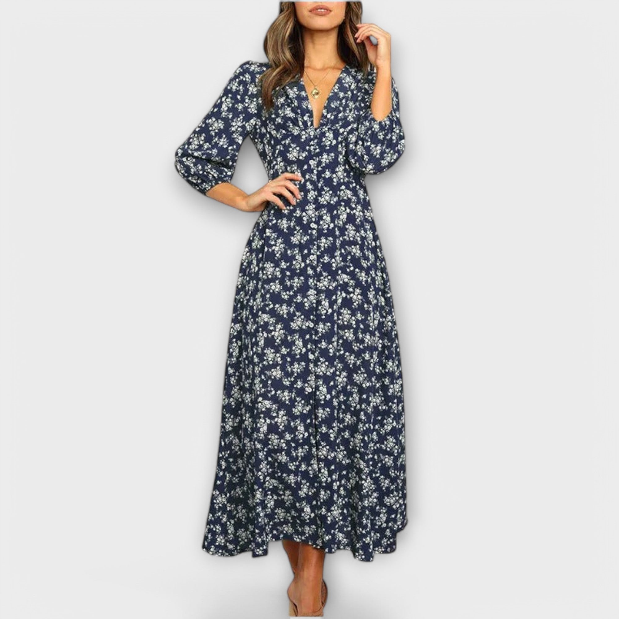 Women's Floral Print V-Neck Button-Front Maxi Dress with 3/4 Sleeves