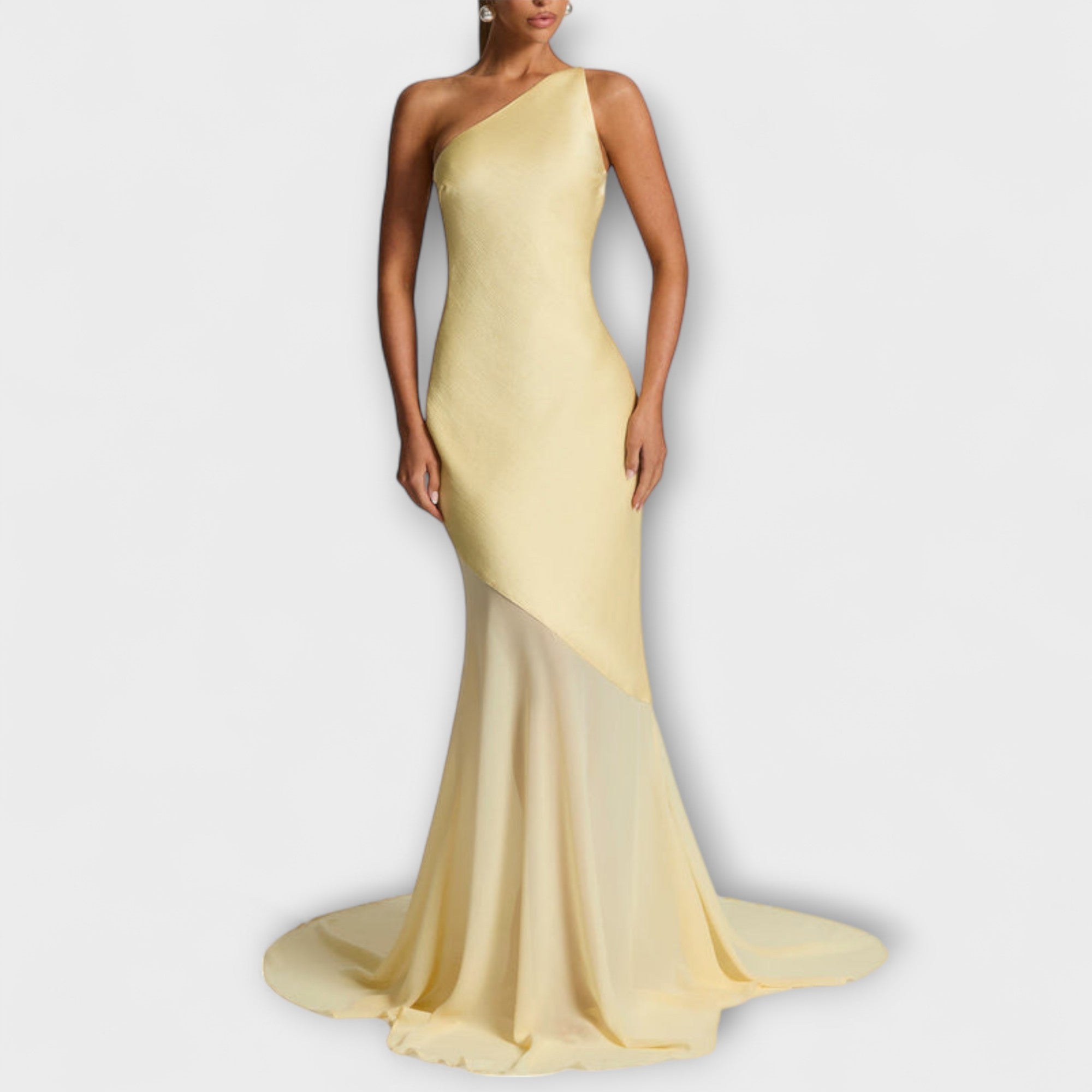 Women's Formal One-Shoulder White Maxi Dress with Sheer Hem