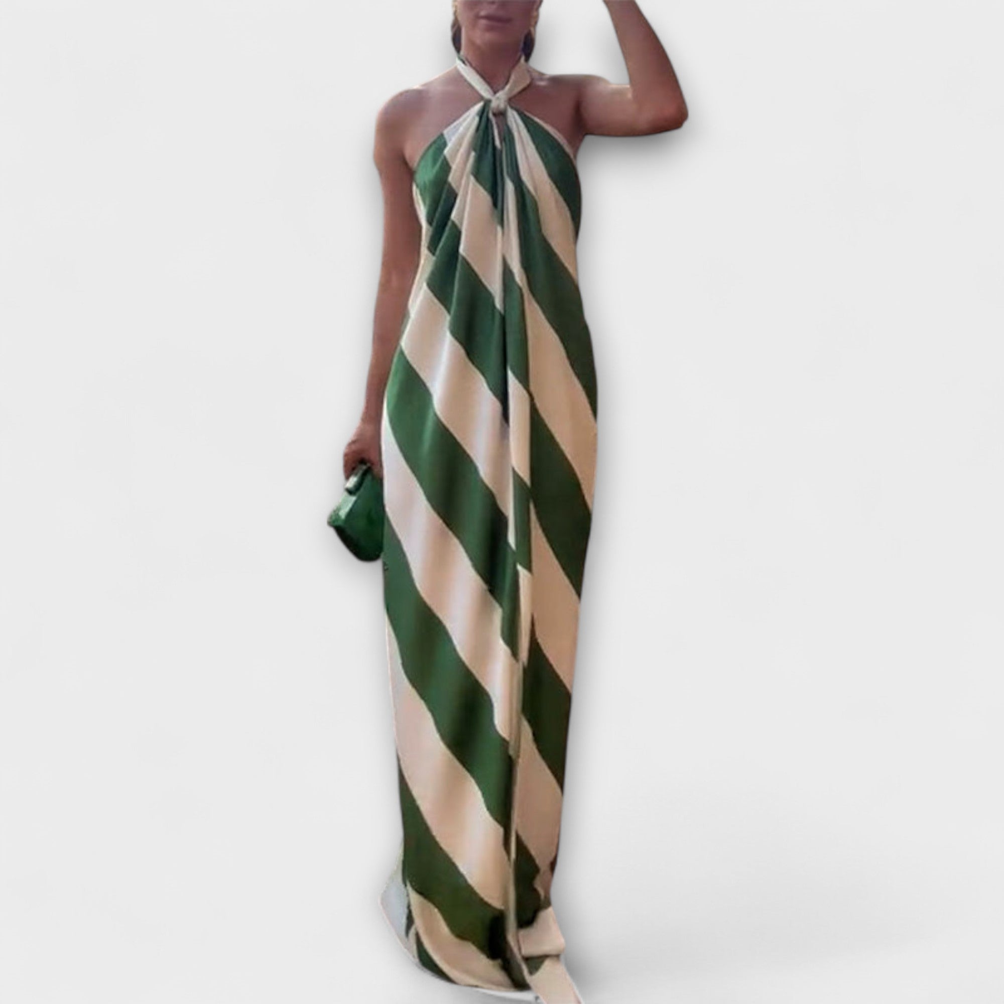Women's Summer Halter Backless Maxi Dress with Striped Pattern and Ankle-Length